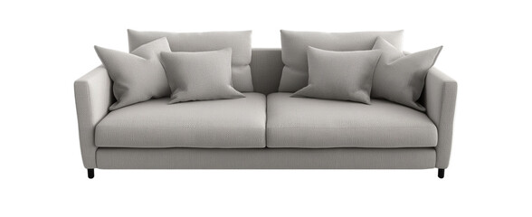 3d model of a  sofa with buttons, a scandinavian-style sofa with wooden legs, at a 45-degree angle, against a gray background, with a perspective grid on the floor and in the bottom-left corner 