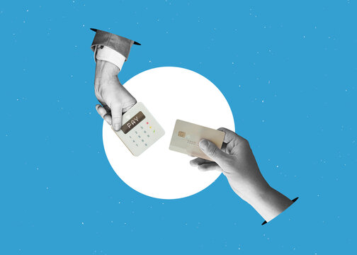 Art collage. Close-up portrait of hands taking contactless payment terminal credit card payment isolated on blue background