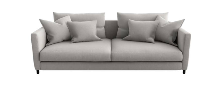 3d model of a  sofa with buttons, a scandinavian-style sofa with wooden legs, at a 45-degree angle, against a gray background, with a perspective grid on the floor and in the bottom-left corner 