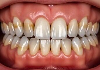 A close up view of human teeth with some discoloration and healthy gums in a mouth cavity shot