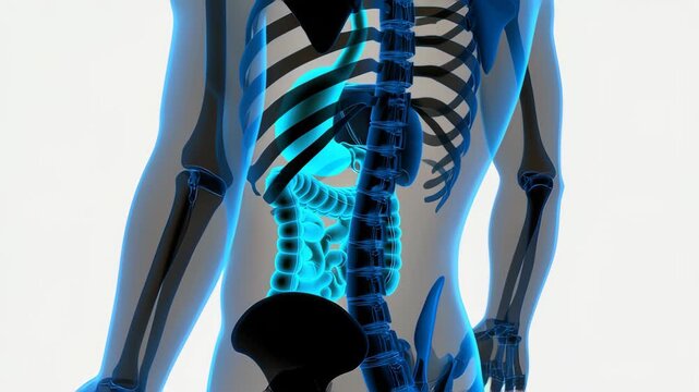 Human Digestive System Anatomy 3D Model Visualization:  Detailed illustration of stomach, intestines, liver, and other organs