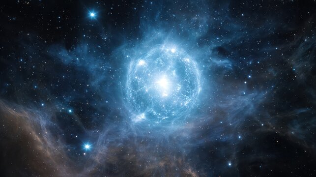 A blue supergiant star blazing in deep space, surrounded by smaller stars and glowing cosmic gases, movie-style realism