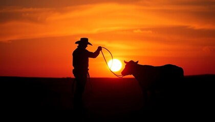 Silhouette of cowboy preparing to rope a calf at sunset, desert, orange
