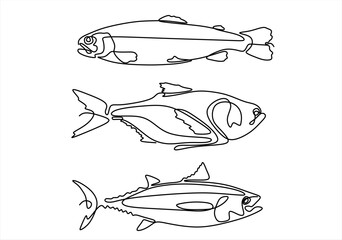 Line Art Fish Collection Trout, salmon, and Tuna Illustrations. Logo in Line Art. line icon-continuous line drawing. Editable stroke. 