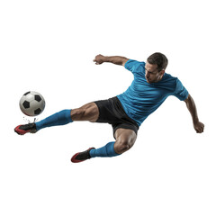 Soccer player kicking ball in midair isolated on transparent background in studio