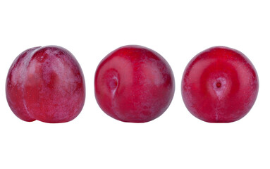 Fresh plums on transparent background showcasing vibrant red color, smooth texture, and natural shine, ideal for food photography and culinary concepts with copy space