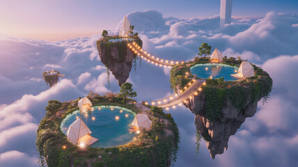 Obraz premium Dreamy floating islands in the sky with cozy houses, connected by bridges, surrounded by fluffy clouds at sunset, creating a fantasy landscape