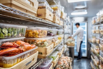 Fototapeta premium cold room interior with lobster and shellfish containers