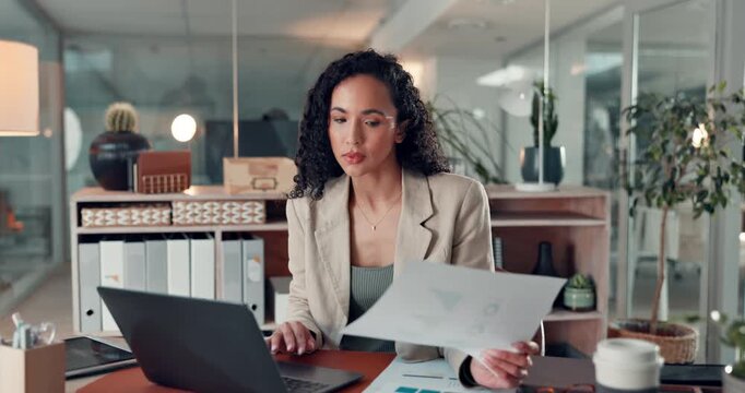 Documents, reading and laptop with business woman in office for tax filing, night and budget report. Accounting audit, payroll paperwork and financial review with person for submission deadline