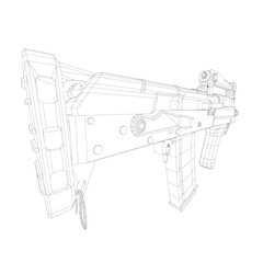 Assault rifle 3D model blueprint with detailed wireframe on white background, featuring intricate lines and realistic curves.