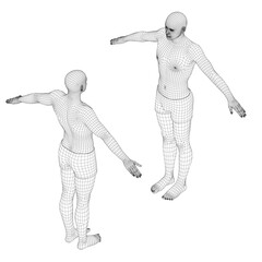 A 3D wireframe man model stands with outstretched arms in a dynamic animated pose against a clean white background.