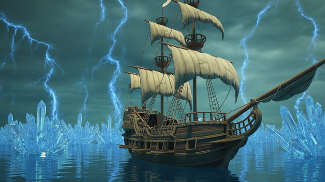 A majestic ship sailing through a stormy sea with lightning strikes and icy formations, creating a dramatic and adventurous seascape