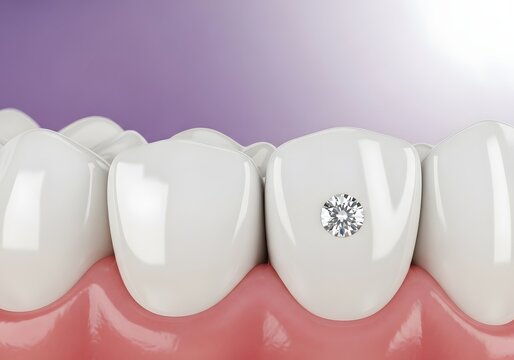 A close up of teeth with a diamond embedded in one tooth against a purple gradient background