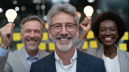 Happy senior businessman with colleagues portrait image. Collaboration in office. Corporate team showing glowing lightbulbs photography human scene. <> concept photo-realistic