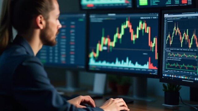 Vertical Day trader uses computer to purchase stocks that might perform well and selling ones that might drop in value. Forex trader browsing though stock exchange portfolio pages at PC desk. Camera B