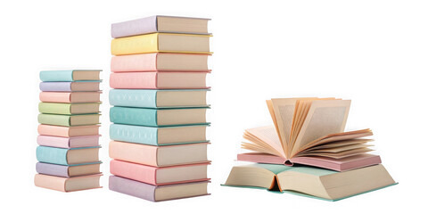 Stacks of colorful books and an open book representing knowledge and learning transparent background