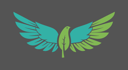 Stylized abstract bird with spread wings in teal and green gradient on a dark gray background