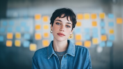 Obraz premium Young caucasian businesswoman in office portrait image. Pretty short haired female entrepreneur against task board photography human scene. Corporate career concept photo-realistic