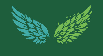 Stylized angel wings symbolizing nature and growth in teal and green hues against a dark green background © GDMala02