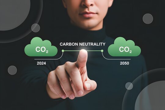 A man pointing at carbon neutrality graphic with co2 clouds and dates of twenty twenty four and fifty