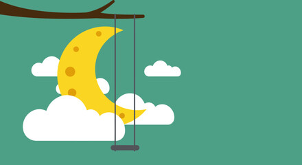 Whimsical crescent moon swinging on a branch with fluffy clouds in a dreamy night sky