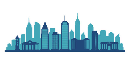 Modern city skyline silhouette with tall buildings and classic architecture in blue and teal tones