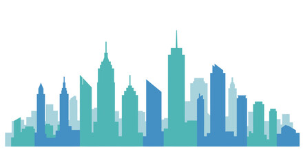 Naklejka premium Modern cityscape silhouette with tall buildings in shades of blue and teal against a white background