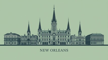 Fototapeta premium Historic New Orleans Cityscape Outline Featuring Iconic Buildings and Architecture