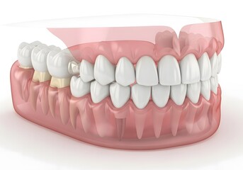 Obraz premium A close up view of a set of dentures with white teeth and pink gums on a white background surface