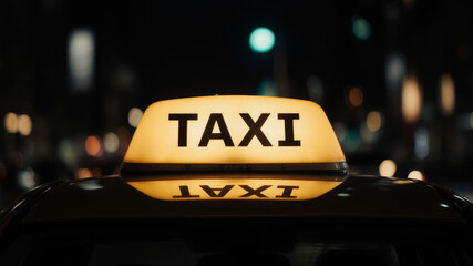 Taxi rooftop sign glowing in dark city street during night with bokeh lights