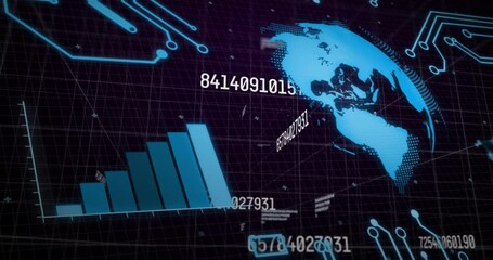 Animation of graphs, numbers and globe rotating in black space - Powered by Adobe