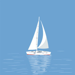 Fototapeta premium A sailboat on a calm sea. Its sail is not cloth but a large efficient solar panel. Graphic illustration limited color palette of blues and whites.
