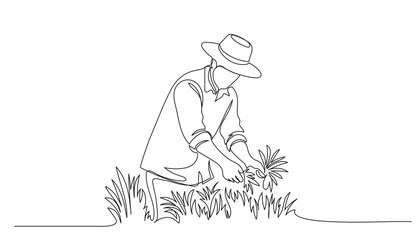 Single one line drawing of farmers rice planting working. Farming challenge minimal concept. Continuous line draw design graphic  illustration.