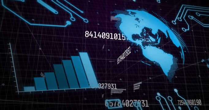 Animation of graphs, numbers and globe rotating in black space - Powered by Adobe