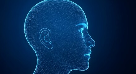 Obraz premium A digital rendering of a human head in profile outlined with blue dots against a dark background