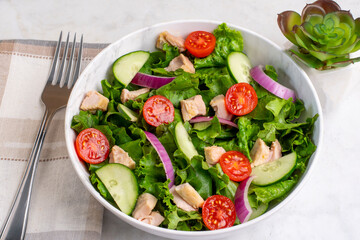 chicken salad with tomatoes, lettuce and cucumbers