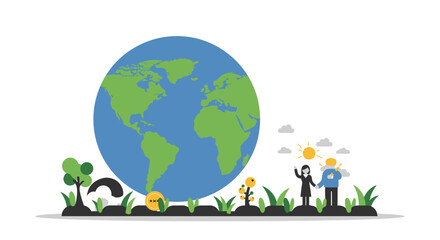 Diverse people planting trees and growing plants around a large globe symbolizing environmental protection and sustainability