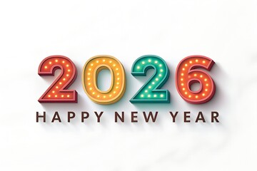 Brightly lit marquee numbers spelling out 2026 with the words happy new year below on a clean white background