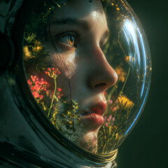 Female astronaut wearing a glass dome helmet with flowers growing inside.
