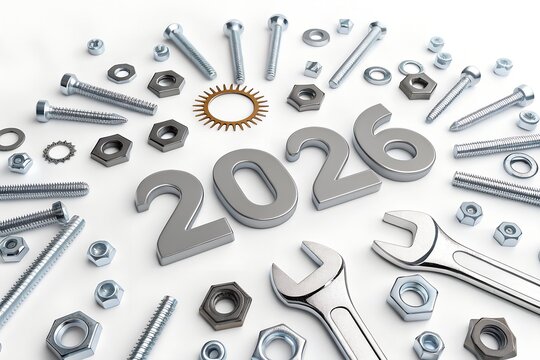 New year 2026 concept with metal bolts nuts screws wrenches and gears symbolizing construction industry and industrial progress
