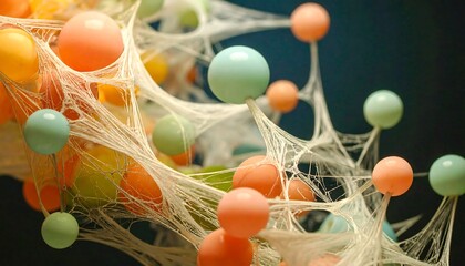 Colorful spheres connected by a network of delicate, translucent threads.  Abstract, vibrant