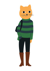Cat character in green striped sweater, black pants, and brown boots with backpack in flat vector style.
