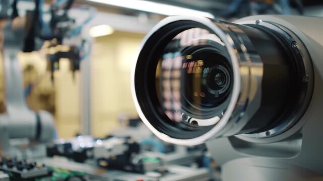 Close-up of industrial camera lens monitoring automated robotic production line in modern factory.