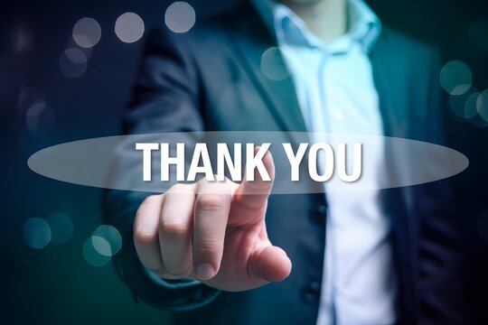 A man in a suit touching a thank you button on a digital screen with bokeh background effect