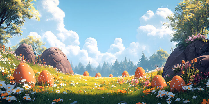 Colorful Easter eggs speckled like fly agaric mushrooms nestle playfully in a blooming meadow.