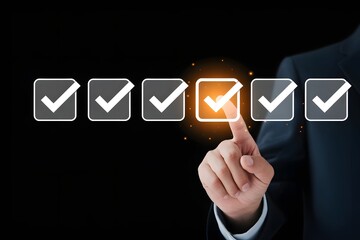A hand selecting a glowing checkmark from a row of check boxes on a black background image view