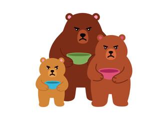 Three angry bears holding colorful bowls, cute flat vector illustration for fairy tale or children’s design.