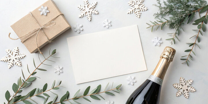 Flat lay christmas or new year greeting card with gift box, champagne bottle and eucalyptus or fir twigs on white background for winter holiday celebration and invitation themes