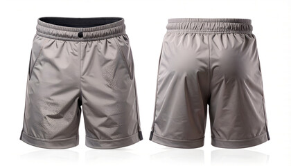 Front and back view of plain sport shorts isolated on white background