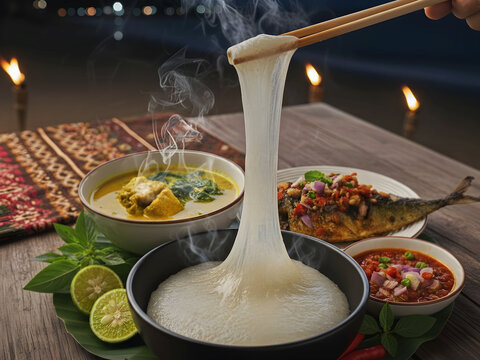 Hot steaming papeda with fish curry and sambal, traditional Indonesian dish from Maluku region